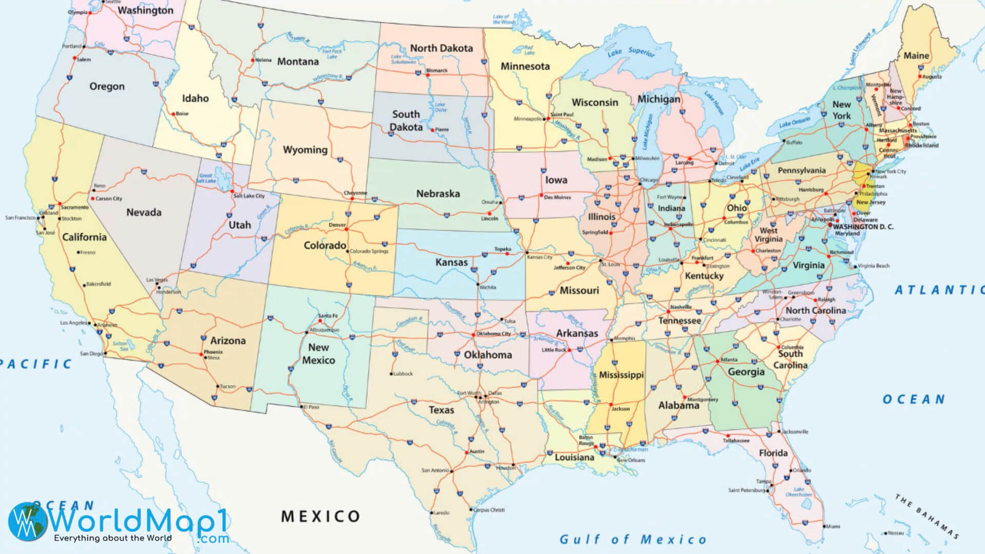 United States Map with Capitals and State Names